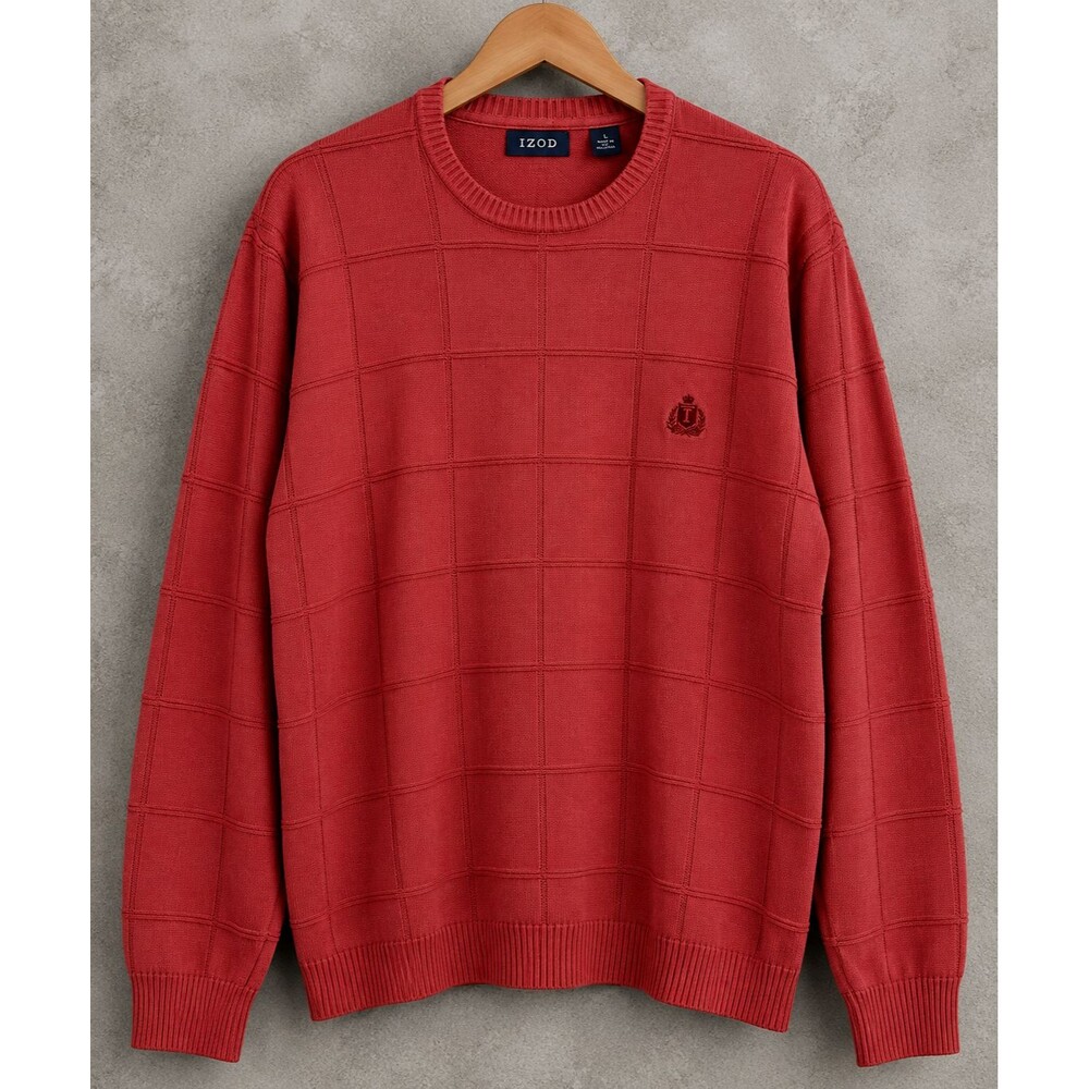 VINTAGE IZOD Sweater Men Large Salmon Coral Geometric Knit 100% Cotton Preppy